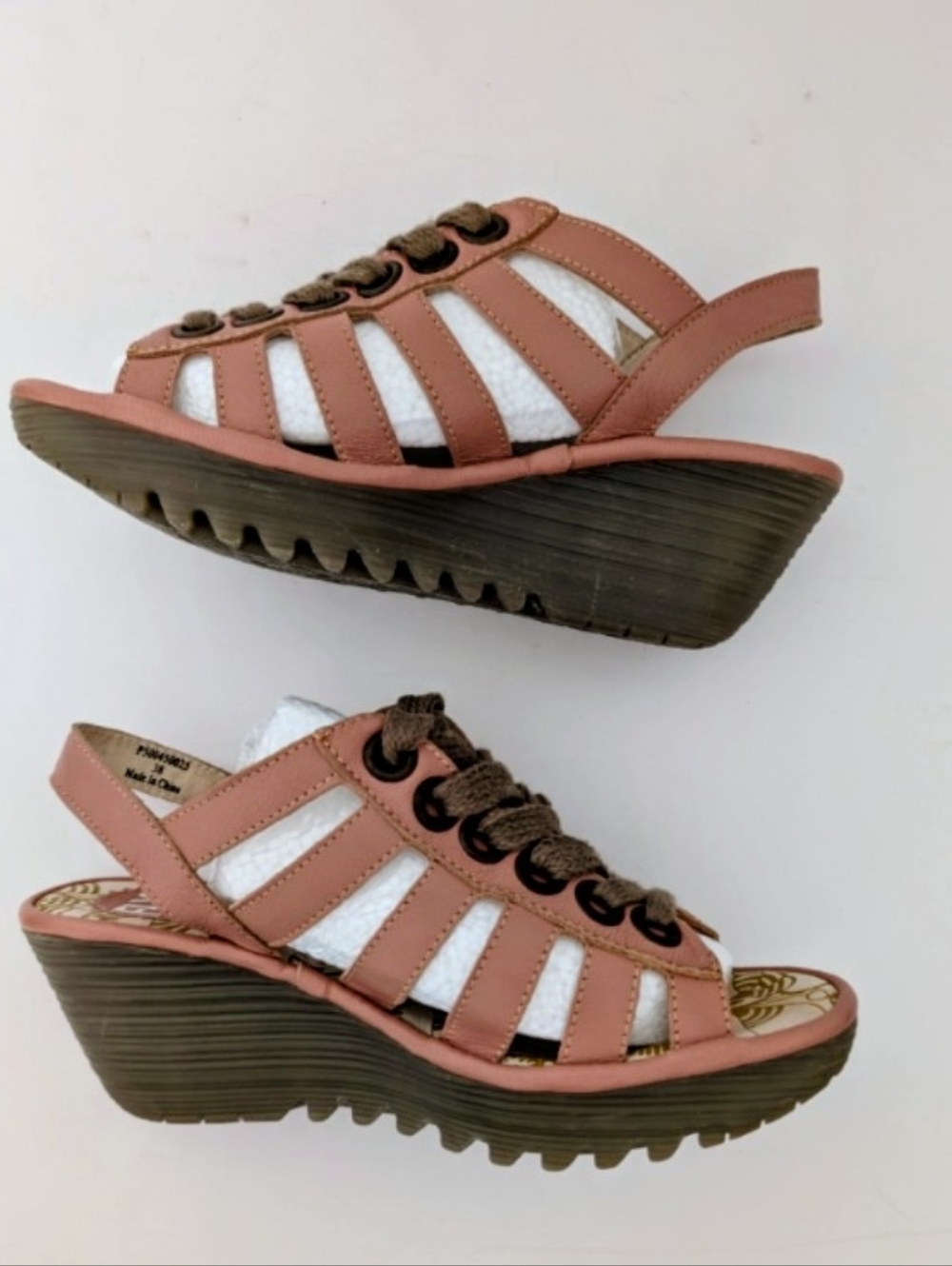 Fly London Leather Wedge Yito Blush Pink Lace Up Sandals Women's Size 38 - Picture 3 of 7